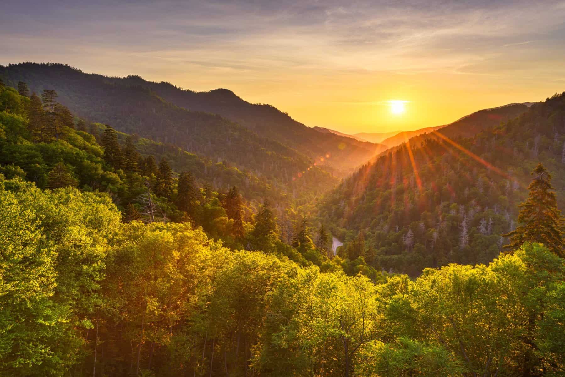 Sunset at the Newfound Gap in the Great Smoky Mountains.