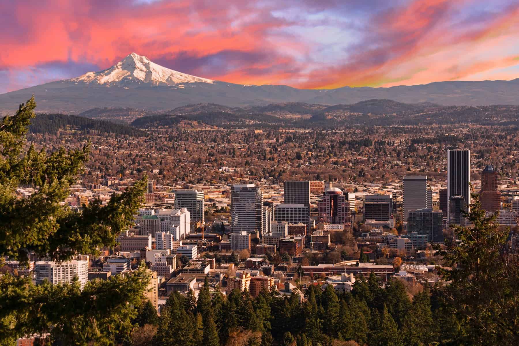 Portland cityscape with mountain background