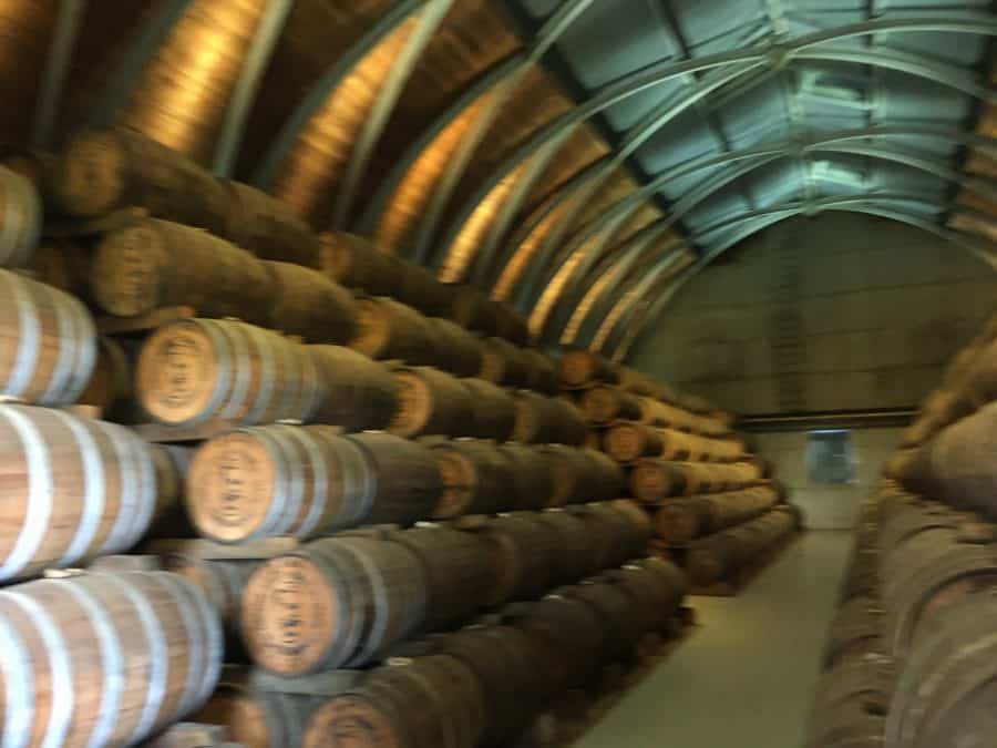 ROWS OF WOODEN BARRELS STACKED ON TOP OF EACH OTHER IN A DIMLY LIT ROOM.