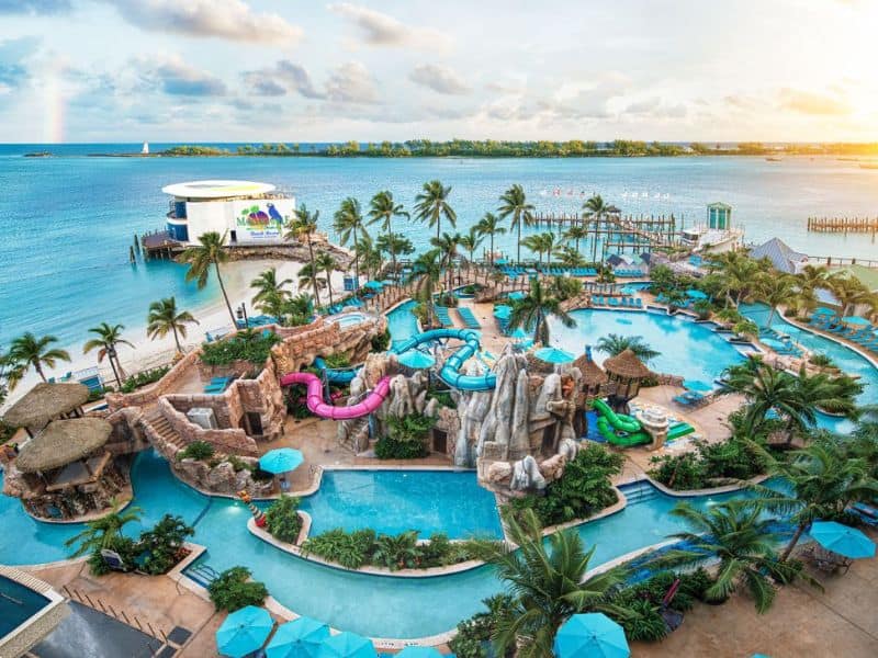 Margaritaville Nassau Day Pass Review: Is it worth it? 6 An aerial view of Margaritaville, capturing its vibrant resort layout, pools, and surrounding beach area.