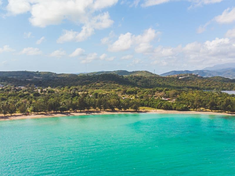 Aerial view of Seven Seas Beach, revealing its expansive sandy shores, crystal-clear waters, and the lush bordering forest.