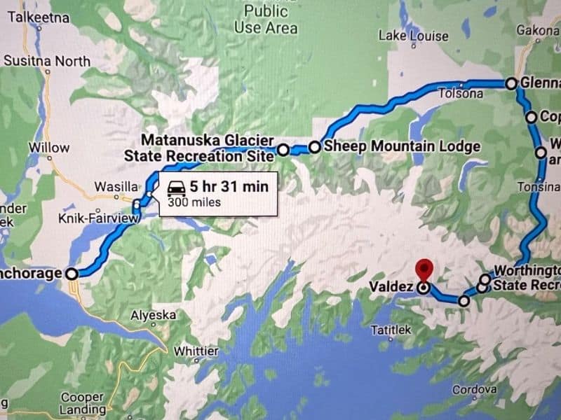 Map of Road Trip from Anchorage to Valdez
