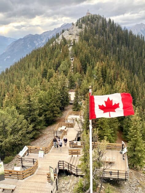 A wooden boardwalk trail winding through the captivating scenery of Sulphur Mountain, offering stunning views of the surrounding Canadian Rockies.