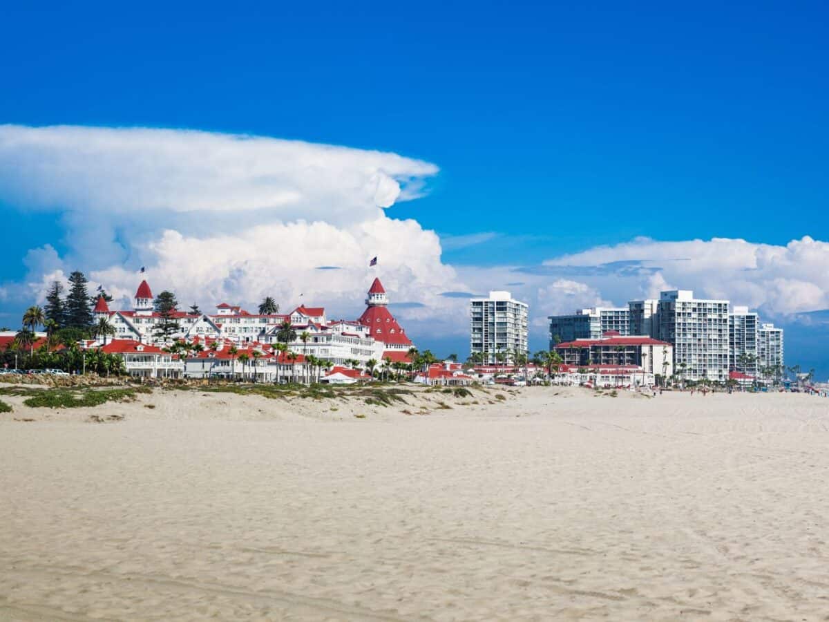 The iconic Hotel del Coronado set against a blue sky with fluffy clouds, overlooking a wide sandy beach with gentle waves and a few beachgoers enjoying the scenery.