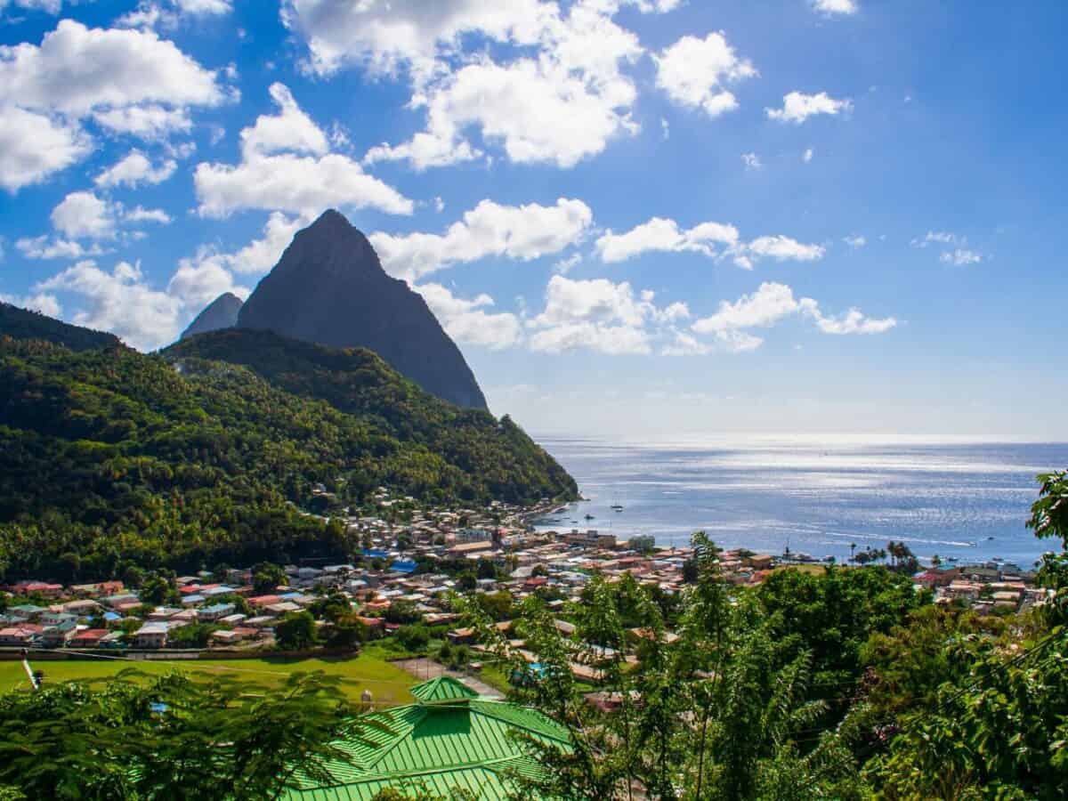 Looking at Gran Piton with water in distance and town below