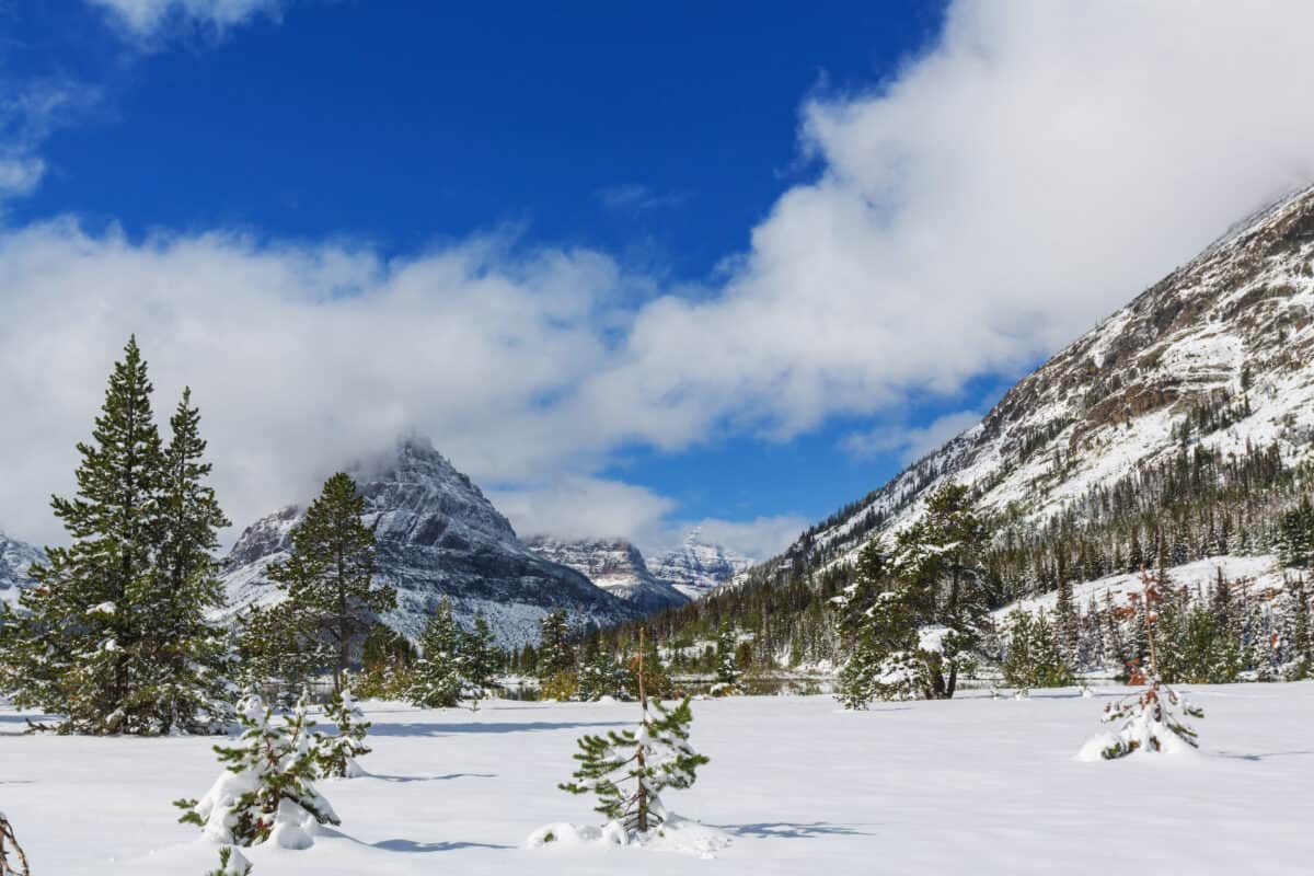 Early winter with first snow covering rocks and woods in the Glacier National Park, Montana, USA