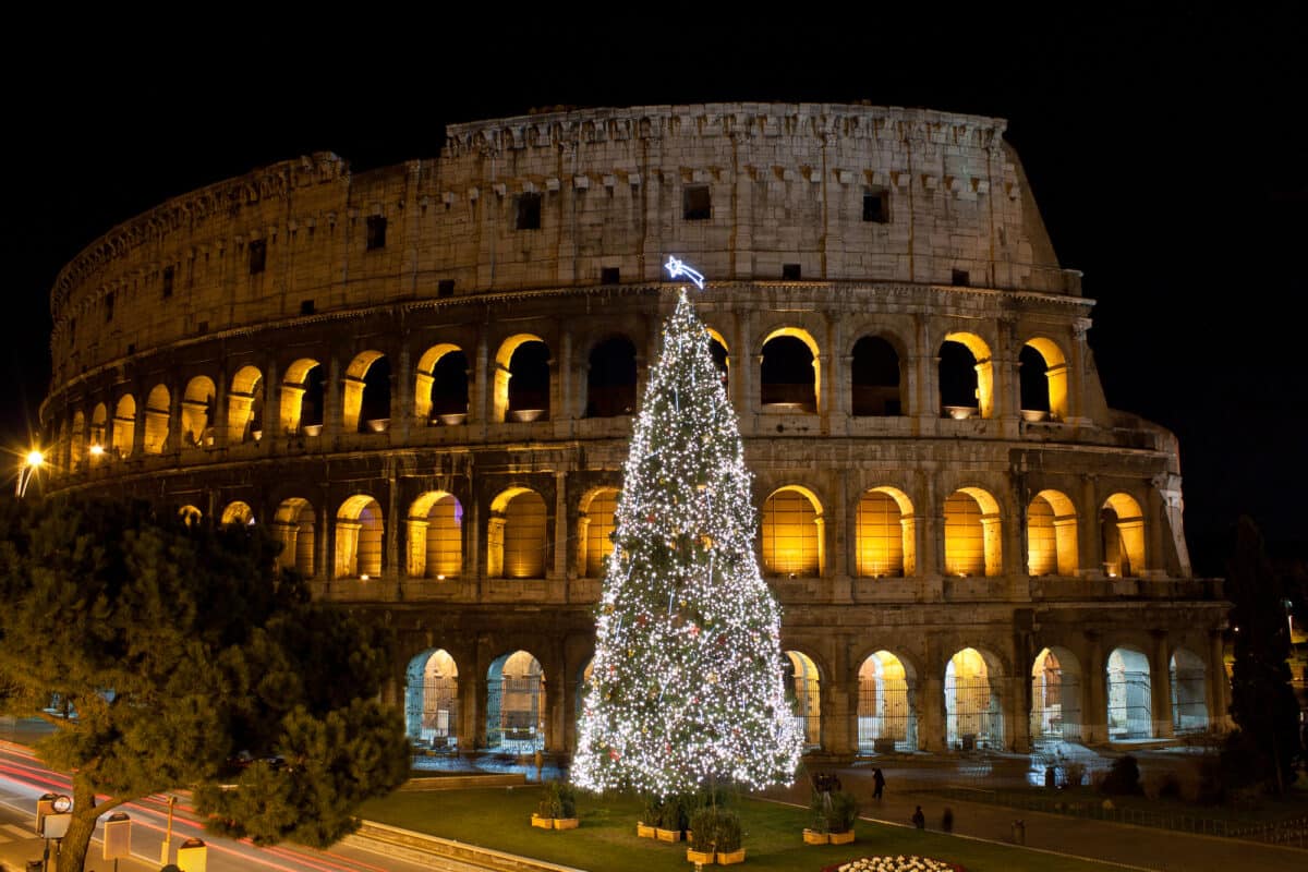 Coliseum and Christmas Tree in Rome, Italy