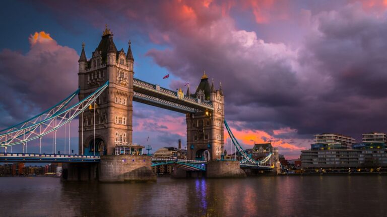 London Bridge under pink and purple skies