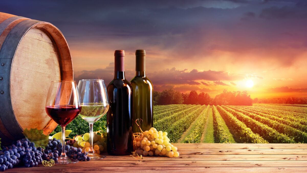Wine Bottles and grapes on a wooden table overlooking a vineyard at sunset