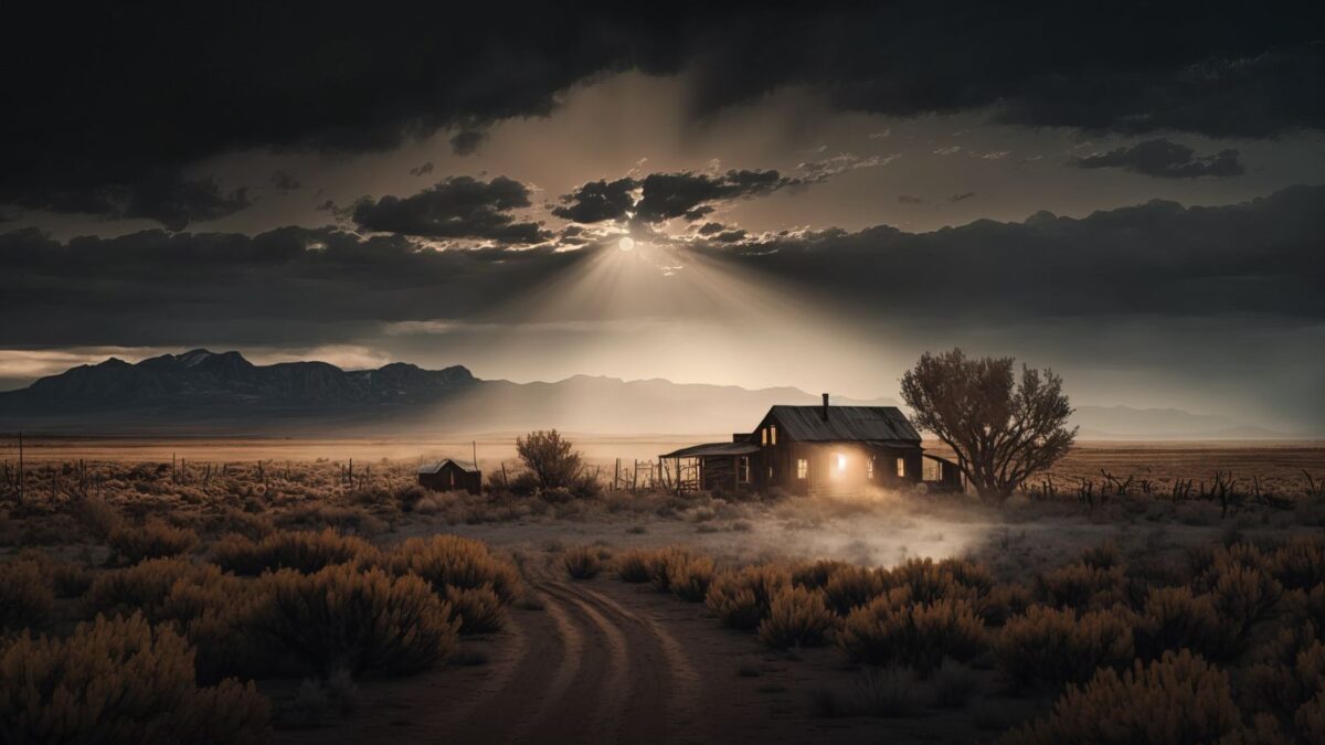 abandoned farmhouse with a sunbeam coming down onto it