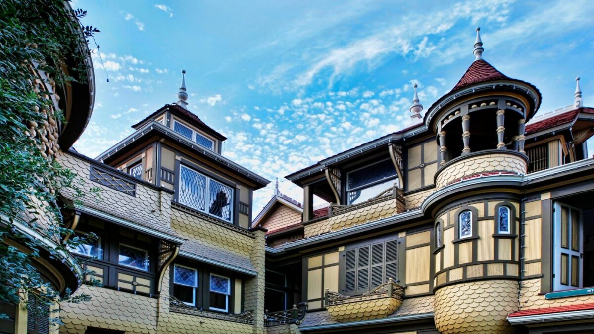 photo looking up at the winchester house