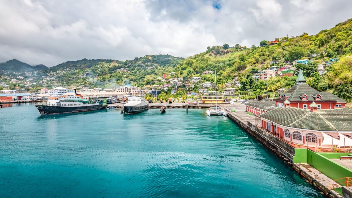 A harbor with boats and a hillside town in the background.