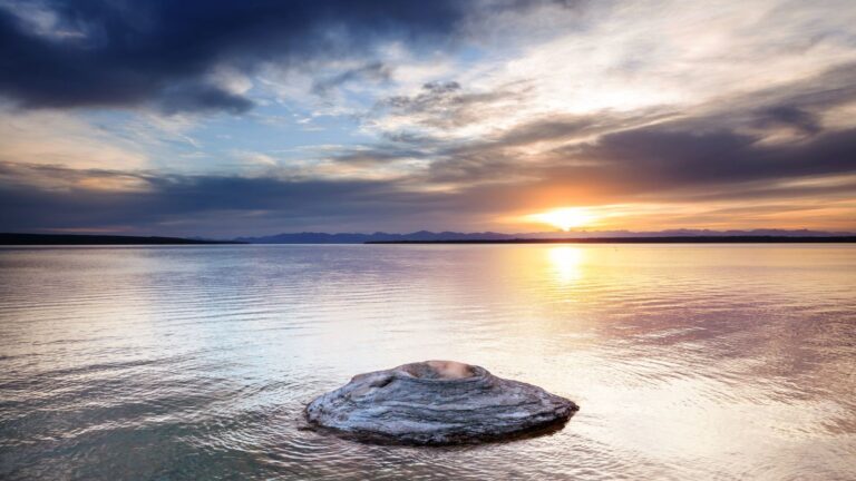sunset over yellowstone lake