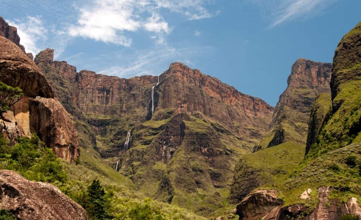 Tugela Falls in South Africa on the mountain top on a sunny day.