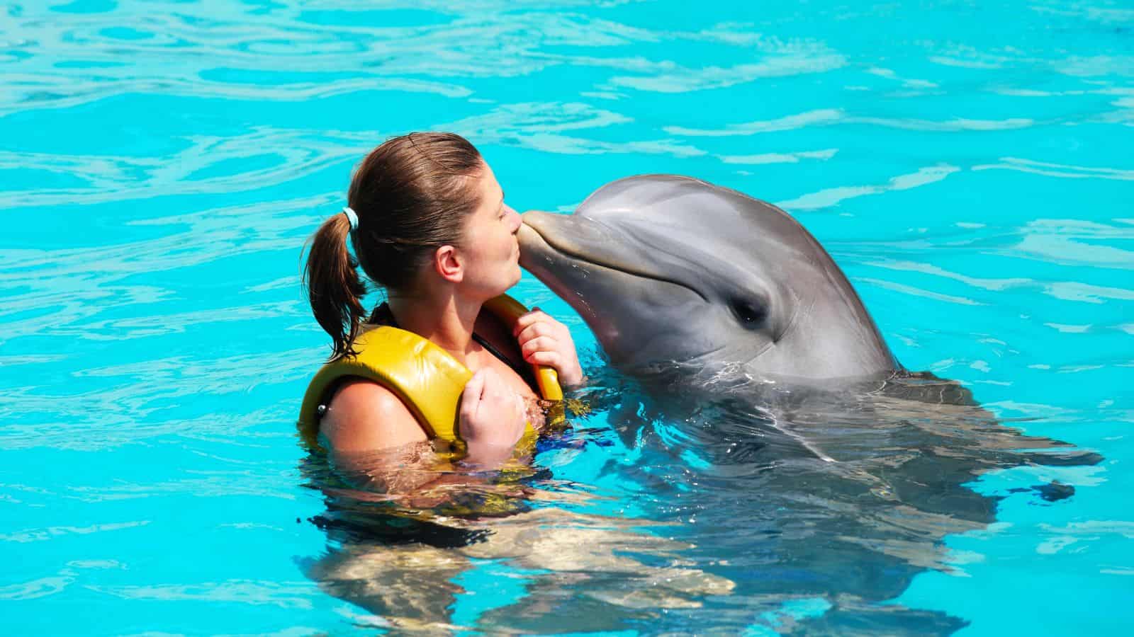 A person in a life vest kissing a dolphin in a clear blue pool.