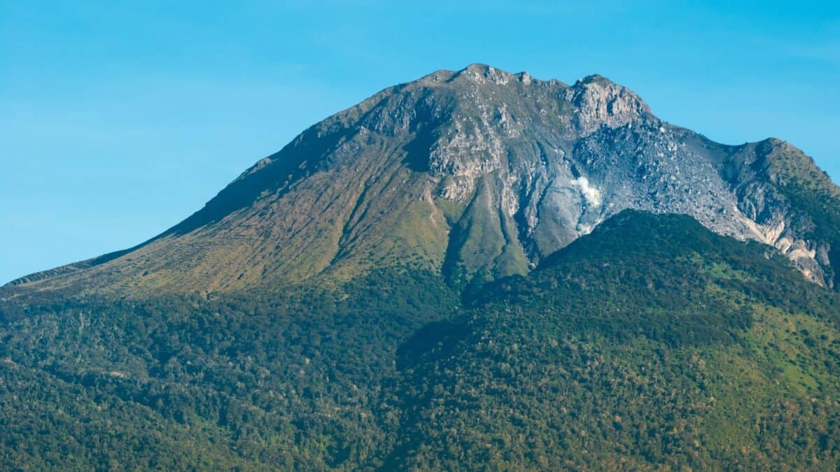 View of Mount Apo, the highest mountain in the Philippines, with its forest-covered slopes and rocky peak.