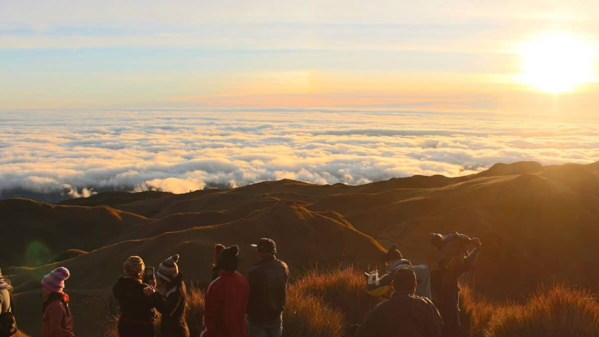 Hikers at the summit of Mount Pulag watching the sunrise above a sea of clouds.