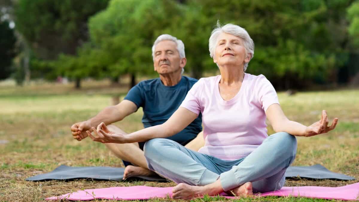 An elderly man and woman practicing yoga in a park, sitting cross-legged on mats with their eyes closed and hands in a meditative pose.