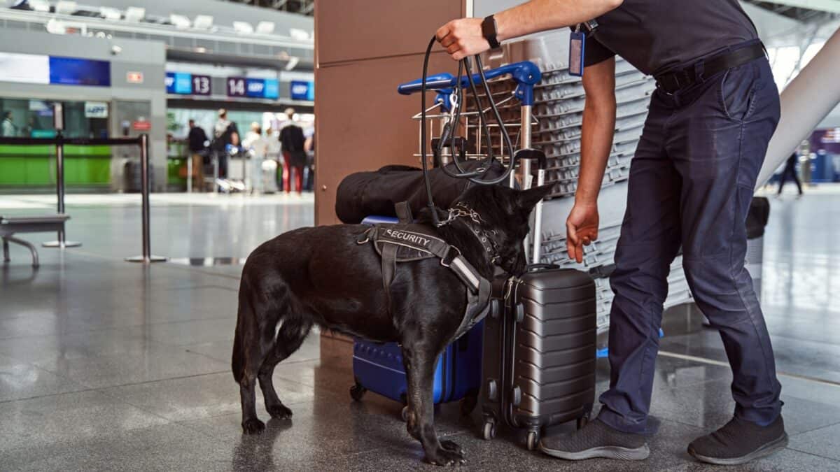20 Ultimate No-Nos of Cruise Packing—Learn What's Banned 16 A security officer with a dog scans luggage at an airport. the dog, wearing a vest labeled "security," sniffs a suitcase on a trolley. passengers and schedule boards are visible in the background.
