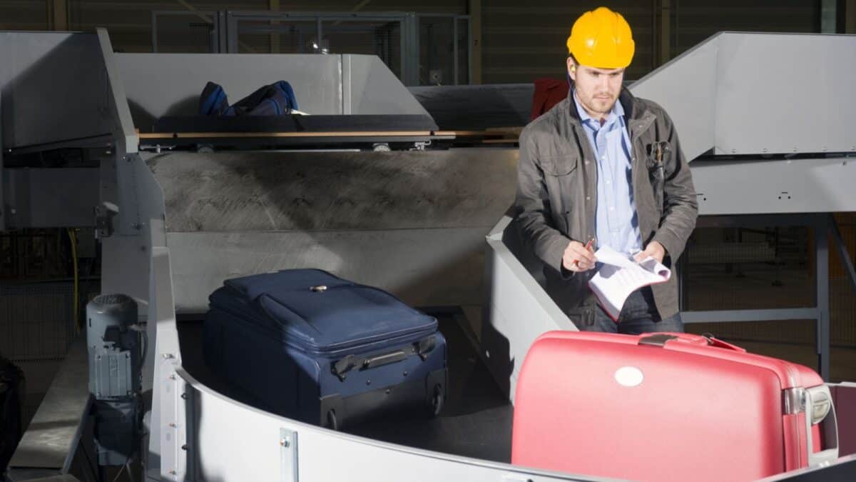 20 Ultimate No-Nos of Cruise Packing—Learn What's Banned 20 An engineer wearing a yellow hard hat checks documents beside conveyor belts carrying blue and red suitcases in an industrial setting.