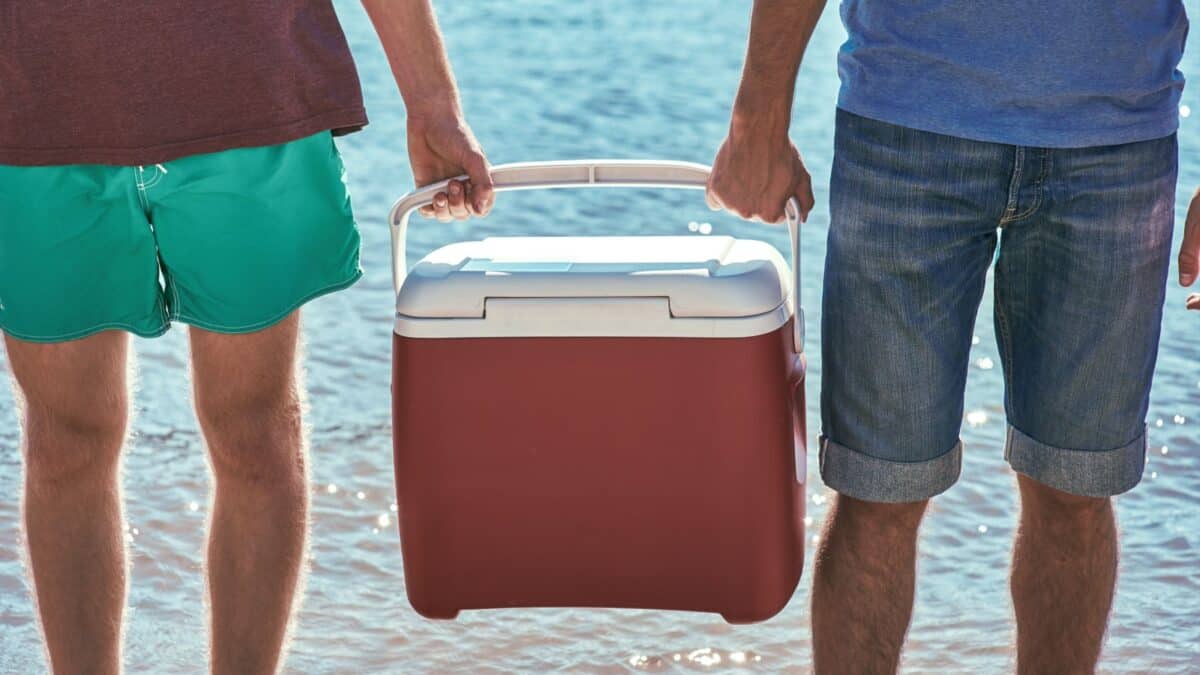 20 Ultimate No-Nos of Cruise Packing—Learn What's Banned 19 Two men in shorts standing by a lake, holding opposite sides of a red cooler. sunlight reflects off the water, enhancing the calm outdoor setting.