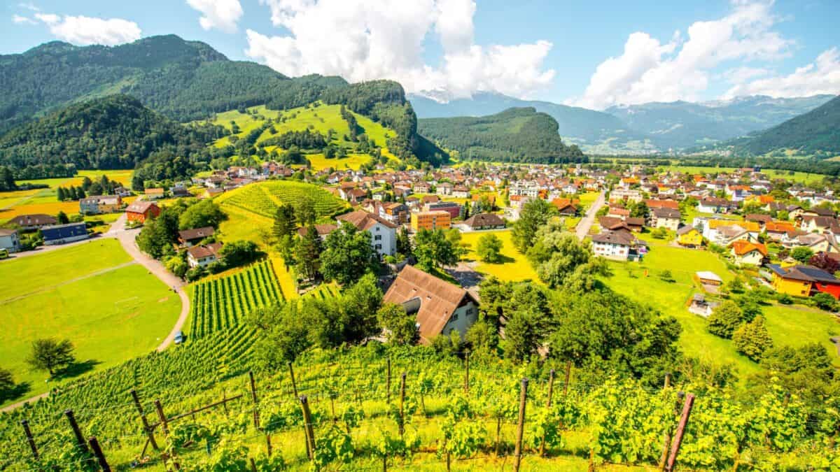 A picturesque view of a vibrant green valley with a quaint village surrounded by lush forests and hills under a bright blue sky with fluffy clouds.