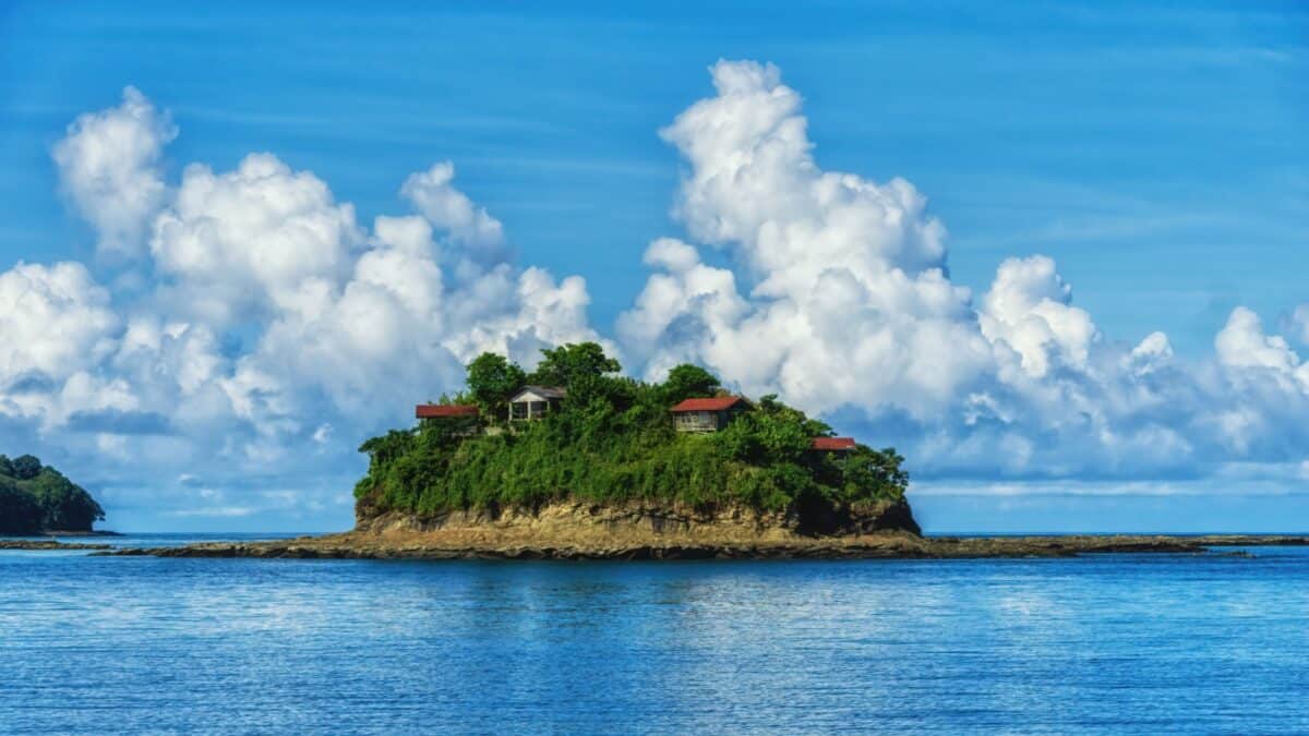A small island with a few houses surrounded by trees,