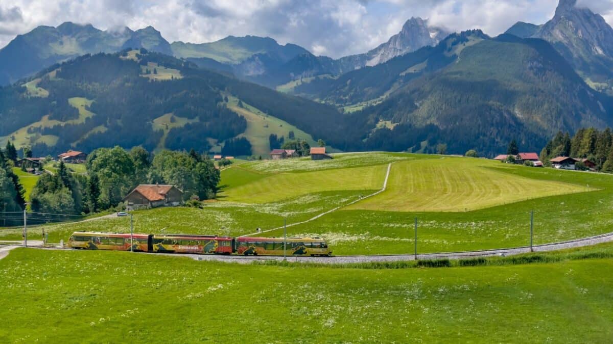 A colorful train traveling through a lush green valley with mountains in the background.
