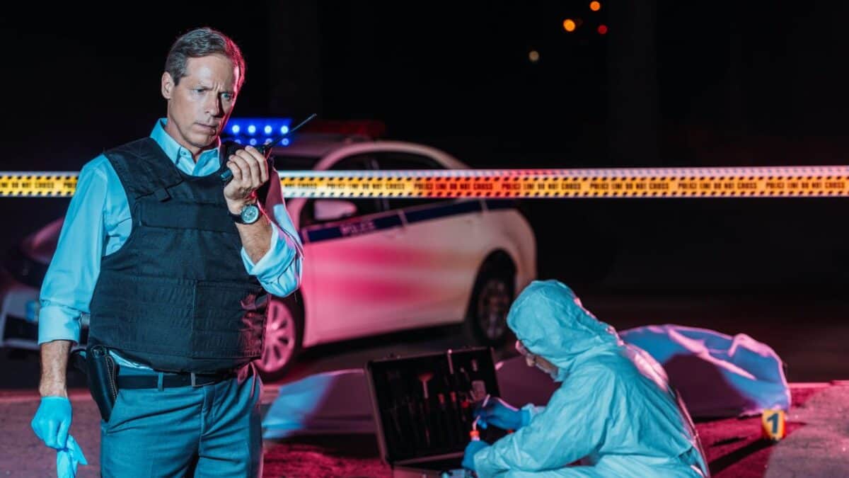 A detective in a bulletproof vest communicates on a radio while a forensic expert collects evidence at a night-time crime scene cordoned off by police tape.