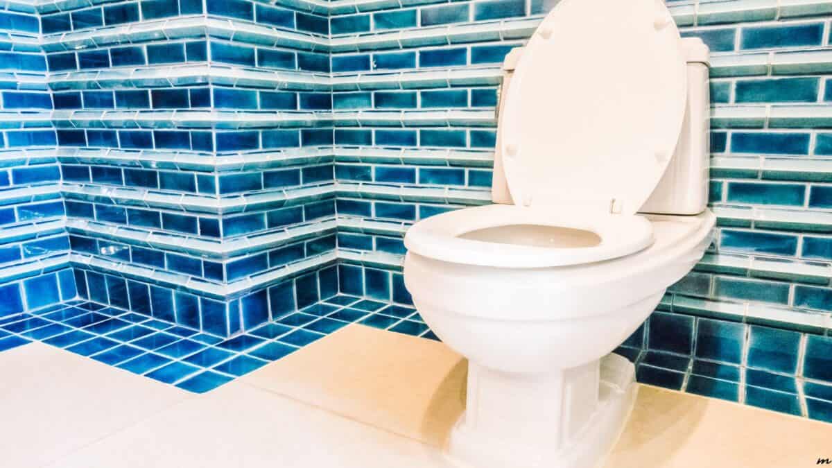 A white toilet against a wall tiled with blue rectangular tiles, and a beige floor tile.