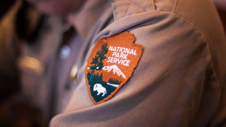 Close-up of a person's arm wearing a National Park Service uniform, showing the embroidered patch with the agency's logo. The patch features a bison, a tree, and mountains with the words "National Park Service" above them, symbolizing their dedication from the grandest to even the smallest national park.