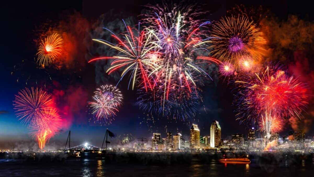 A city skyline at night with multiple colorful fireworks bursting in the sky, celebrating Fourth of July in one of the best US cities. The vibrant display lights up the buildings and reflects on the water below. A boat is seen in the foreground, adding to the charm as fireworks illuminate the city.