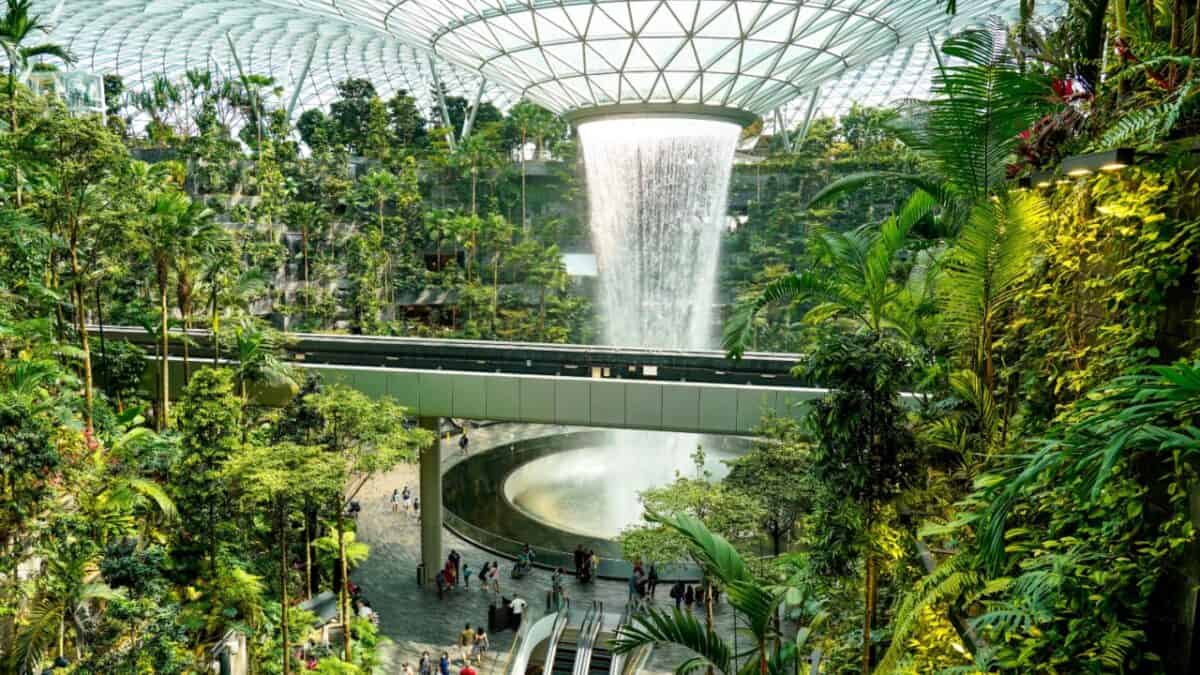 A large indoor waterfall surrounded by lush greenery is featured in this image. The waterfall descends from a glass dome above, and a bridge with a few people on it extends across the scene. This mesmerizing spot, often seen on TikTok as one of the viral travel locations, is filled with various plants and trees.