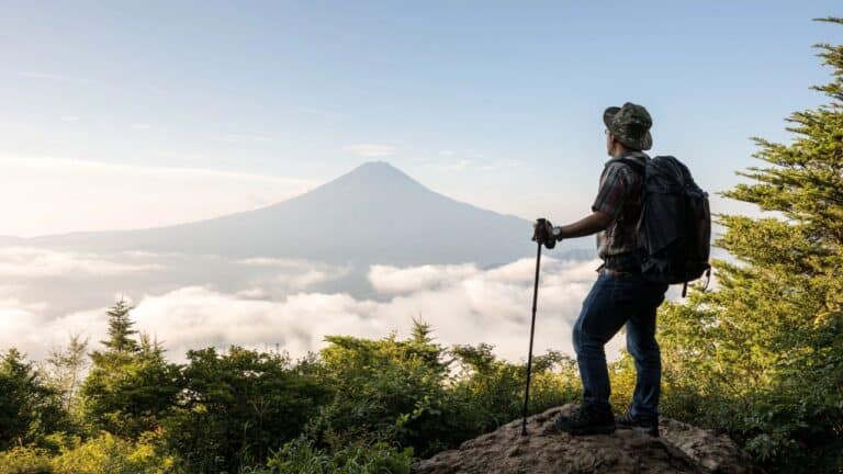 A hiker stands on a rocky outcrop, gazing at a distant mountain peak, surrounded by lush greenery and clouds.