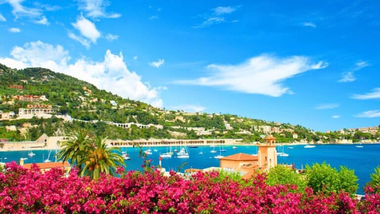 Coastal town with colorful buildings, blooming flowers, boats in the blue sea, and hills in the background under a bright sky.