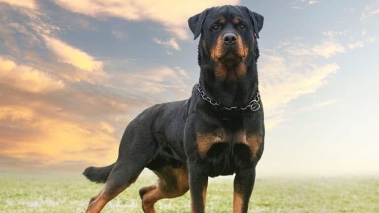 A Rottweiler stands on grass, wearing a chain collar, against a backdrop of a cloudy sky with hints of a sunset.