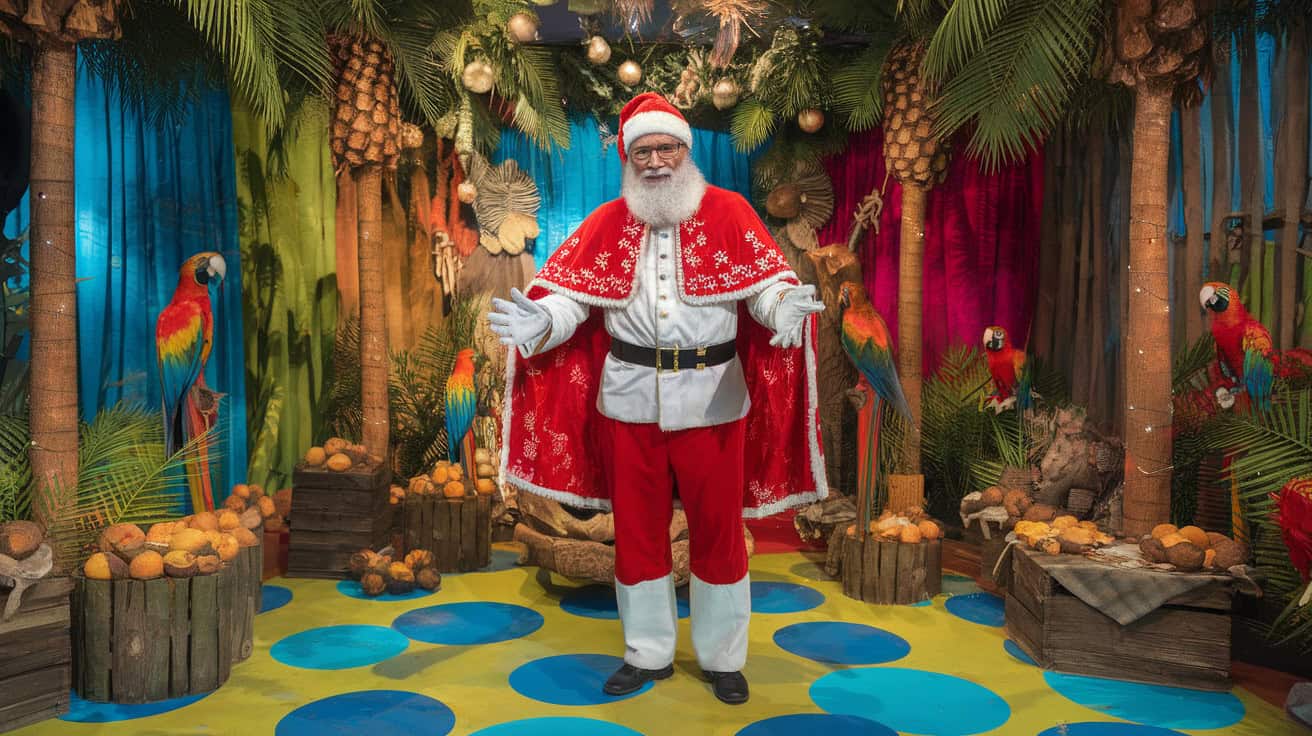 You Know Santa, But Do You Know These 14 Global Holiday Characters? 14 Papai Noel stands in a colorful tropical setting with parrots.