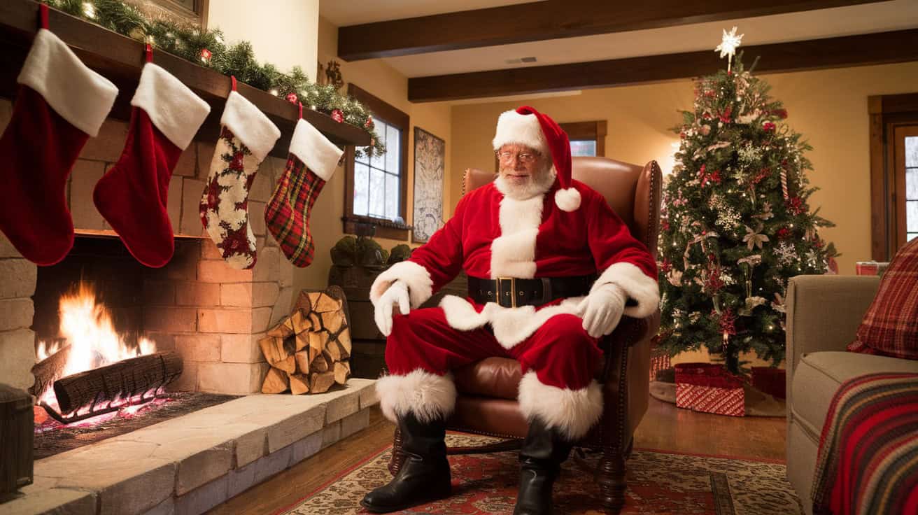 You Know Santa, But Do You Know These 14 Global Holiday Characters? 16 A cozy Christmas scene featuring Santa Claus sitting by a fireplace surrounded by stockings and a decorated tree.