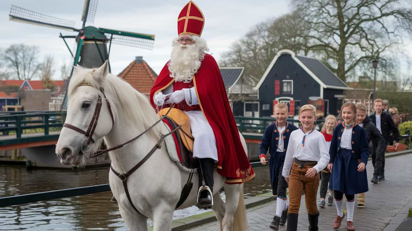 You Know Santa, But Do You Know These 14 Global Holiday Characters? 5 Sinterklaas on a white horse, accompanied by children in traditional outfits near a windmill in the Netherlands.