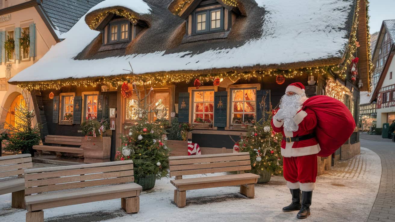 You Know Santa, But Do You Know These 14 Global Holiday Characters? 4 A festive scene with a man dressed as Weihnachtsmann standing outside a snow-covered house decorated for Christmas.